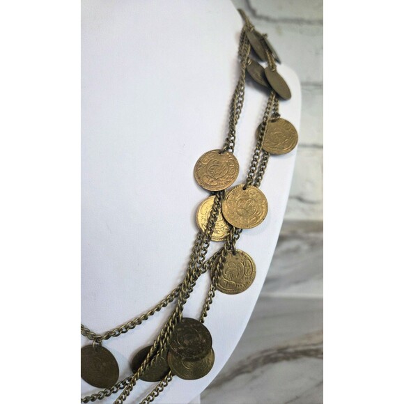 Vintage Statement Necklace Coins Medallions Multi-strand Chain Metal Layered - Picture 6 of 10